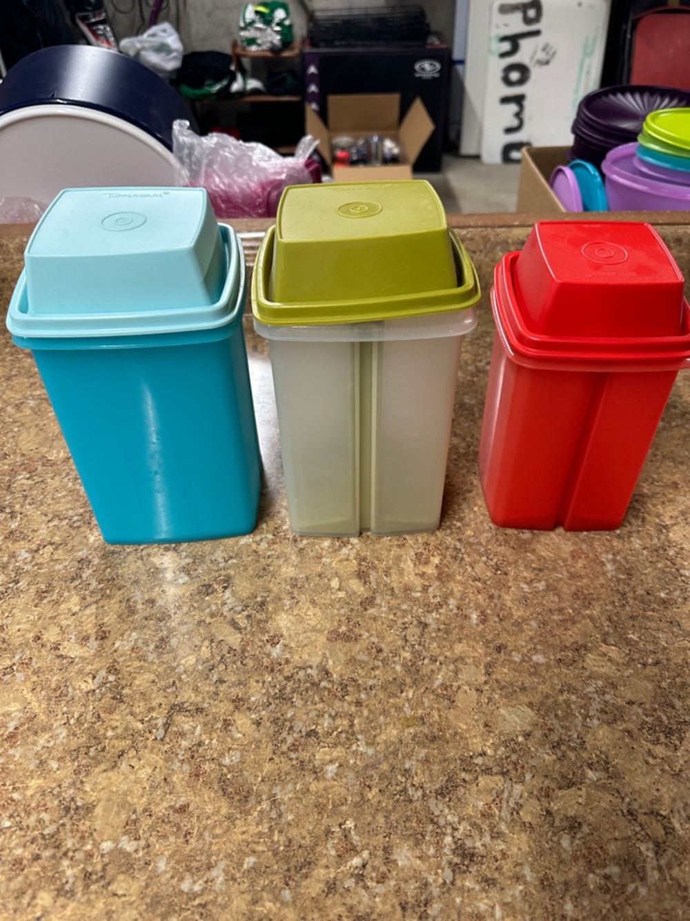 Set of 3 Tupperware pickle Plastic Storage Containers - Teal, Olive, Red
